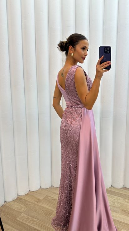 Lilac Processing Detail Draped Satin Evening Dress Dress
