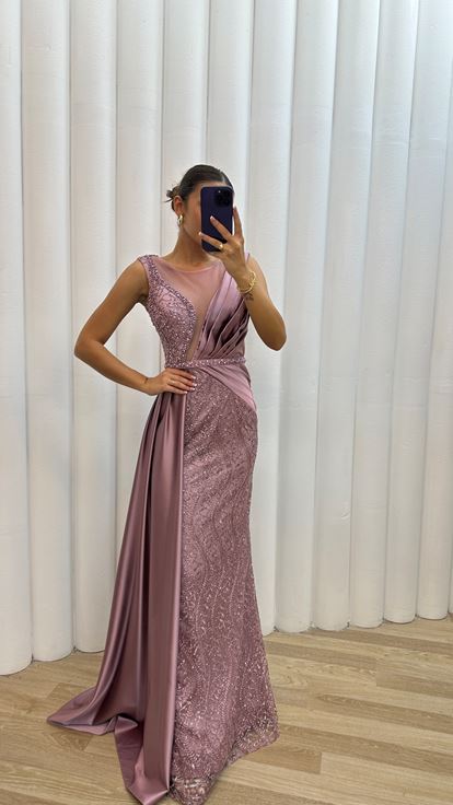Lilac Processing Detail Draped Satin Evening Dress Dress