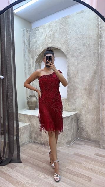 Red Red Single Shoulder Eaves Special Embroidered Design Dress