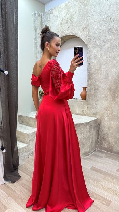 Red Single Sleeve Flower Processing Detail Drape Design Evening Dress