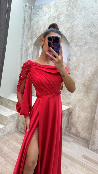 Red Single Sleeve Flower Processing Detail Drape Design Evening Dress