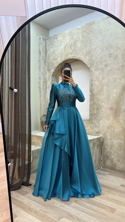 Turquoise Balloon Sleeve Flywheel Detail Belt Design Tulle Dress