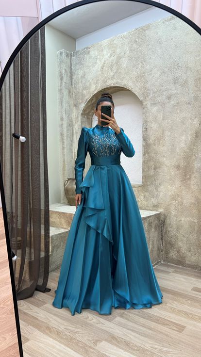 Turquoise Balloon Sleeve Flywheel Detail Belt Design Tulle Dress