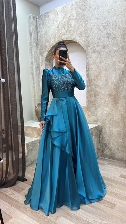 Turquoise Balloon Sleeve Flywheel Detail Belt Design Tulle Dress