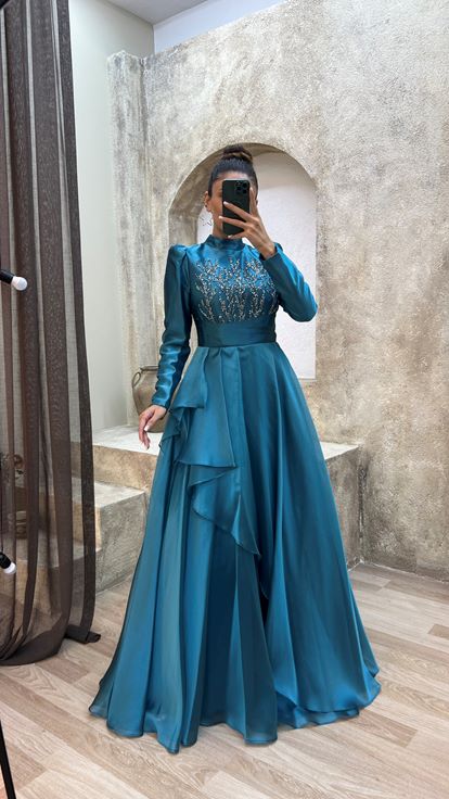 Turquoise Balloon Sleeve Flywheel Detail Belt Design Tulle Dress