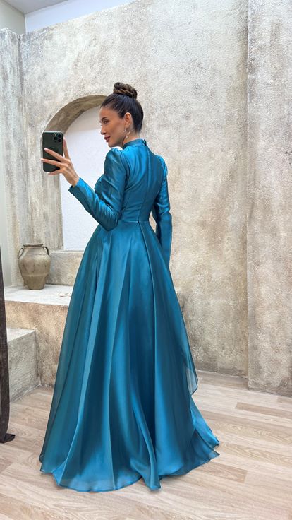 Turquoise Balloon Sleeve Flywheel Detail Belt Design Tulle Dress