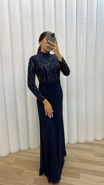 Azul marino bordado detalle plisado diseño vestido de noche vestido