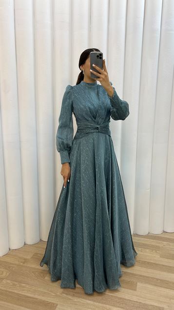 Emerald Green Balloon Sleeve Waist Detail Design Evening Dress Dress