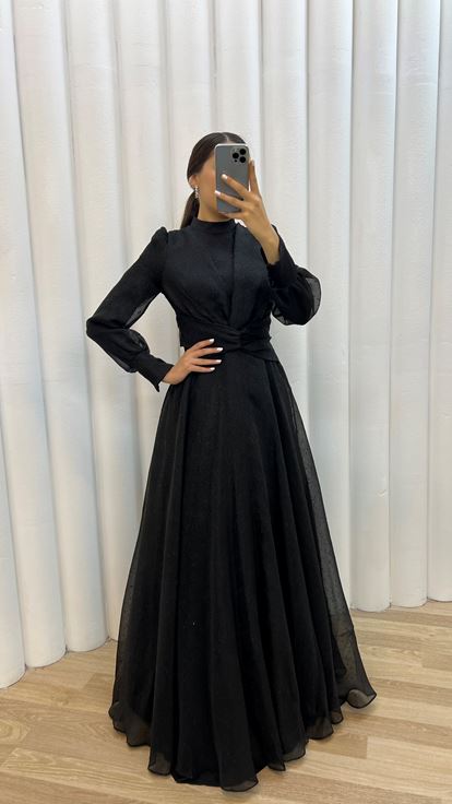 Black Balloon Sleeve Waist Detail Design Evening Dress Dress