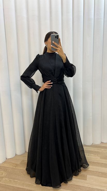 Black Balloon Sleeve Waist Detail Design Evening Dress Dress