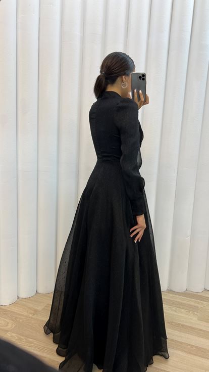 Black Balloon Sleeve Waist Detail Design Evening Dress Dress