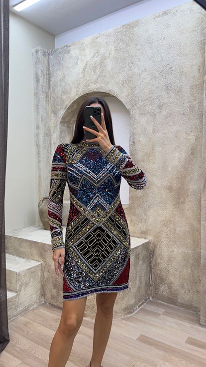 Mavi  Özel İşlemeli Tasarım Elbise