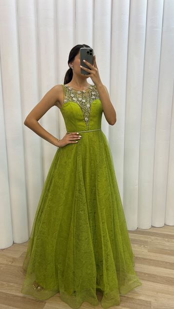 Yellow Chest Stone Embroidered Design Evening Dress Dress