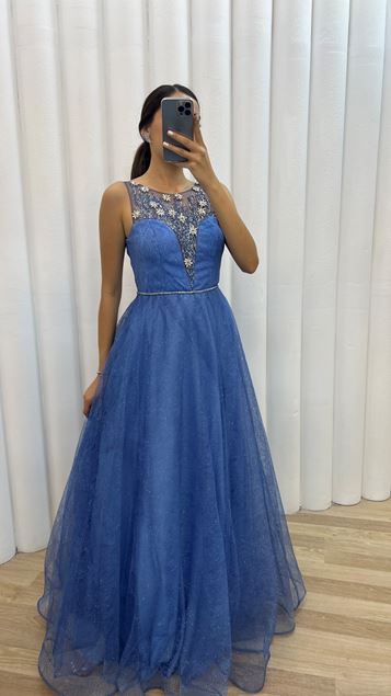 Indigoblaues Abendkleid mit steinverziertem Oberteil