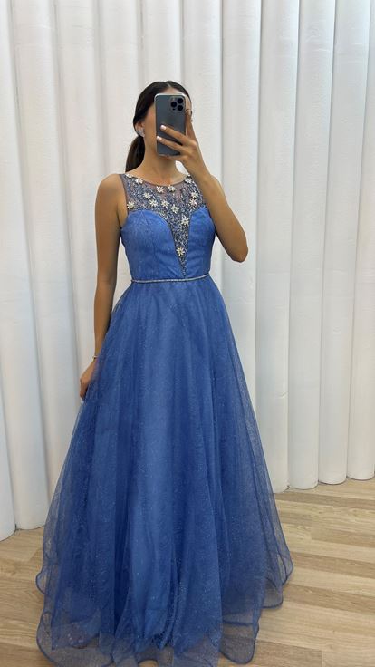 Indigoblaues Abendkleid mit steinverziertem Oberteil