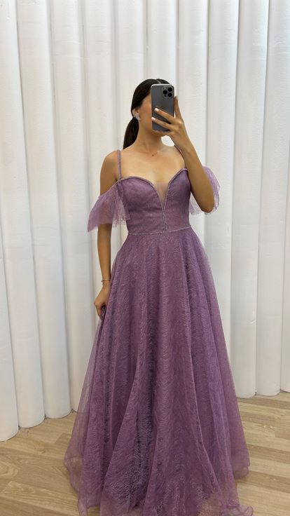 Lilla spalle tulle dettaglio ricamato design abito da sera