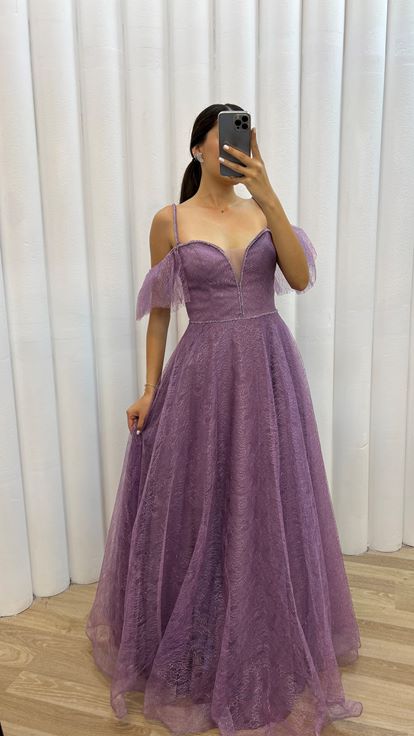 Lilla spalle tulle dettaglio ricamato design abito da sera