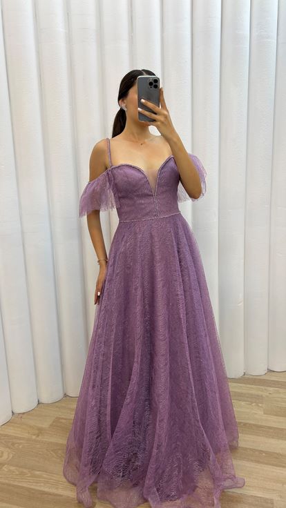 Lilla spalle tulle dettaglio ricamato design abito da sera