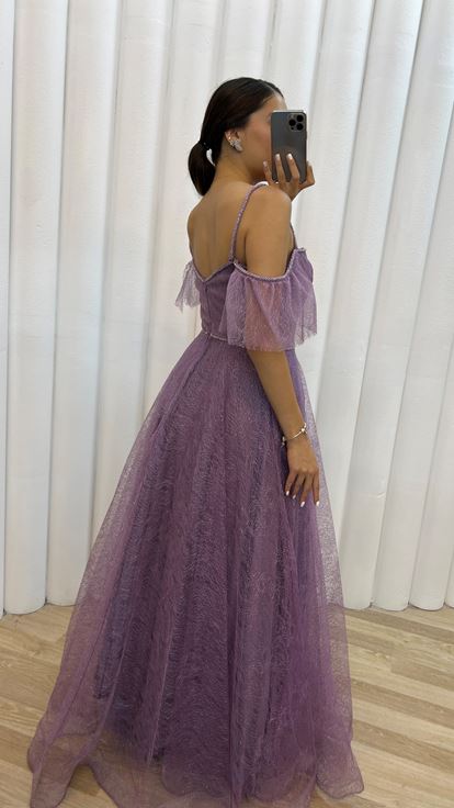 Lilla spalle tulle dettaglio ricamato design abito da sera