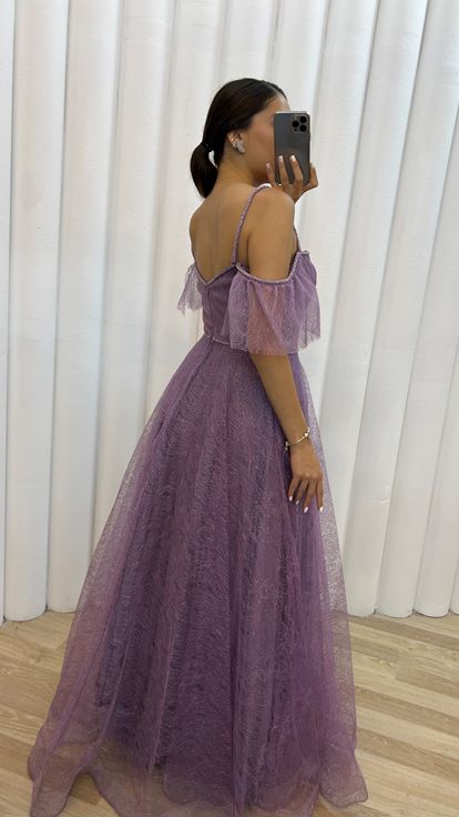 Lilla spalle tulle dettaglio ricamato design abito da sera