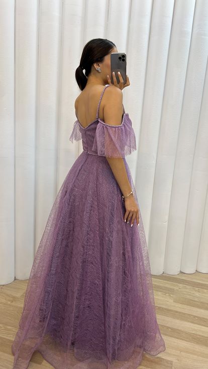 Lilla spalle tulle dettaglio ricamato design abito da sera