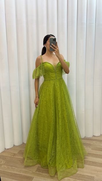 Yellow Shoulder Tulle Detail Brodé Design Robe de soirée