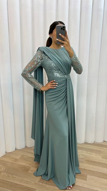 Menthe Vert Plissais Détail Taille Brodé Design Robe de soirée