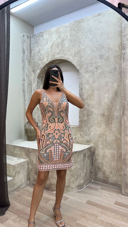 Orange V-Neck Chest Détail Robe de design brodée personnalisée