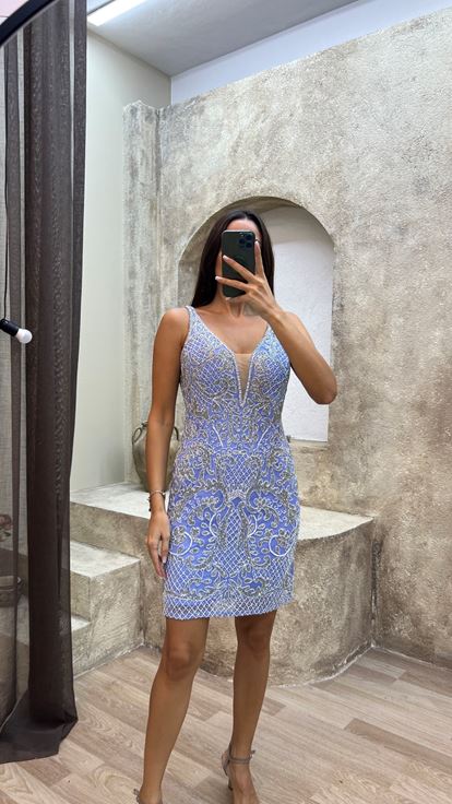 Blue V -neck Chest Detalle Vestido de diseño bordado especial