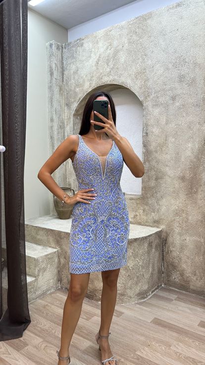 Blue V -neck Chest Detalle Vestido de diseño bordado especial