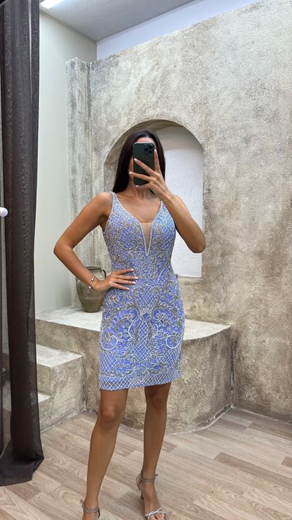 Blue V -neck Chest Detalle Vestido de diseño bordado especial