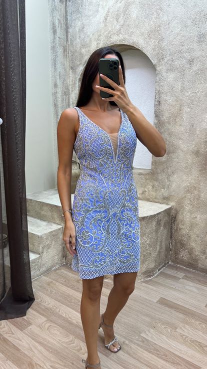 Blue V -neck Chest Detalle Vestido de diseño bordado especial