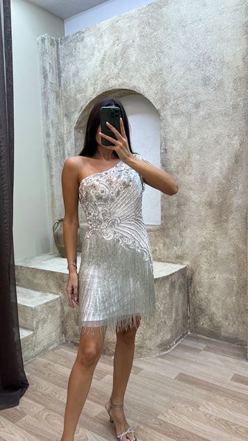 White one arm special embroidered fringed design dress