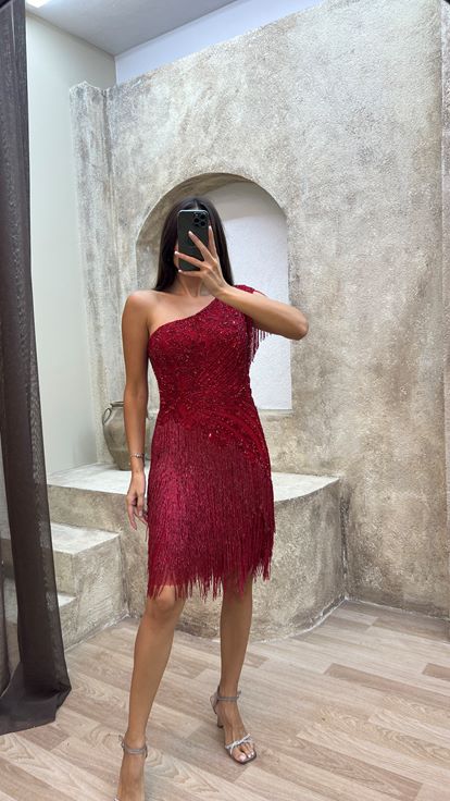 Red One Sleeve Special Embroidered Fringed Design Dress