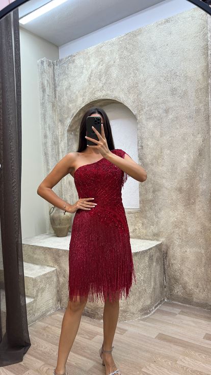 Red One Sleeve Special Embroidered Fringed Design Dress