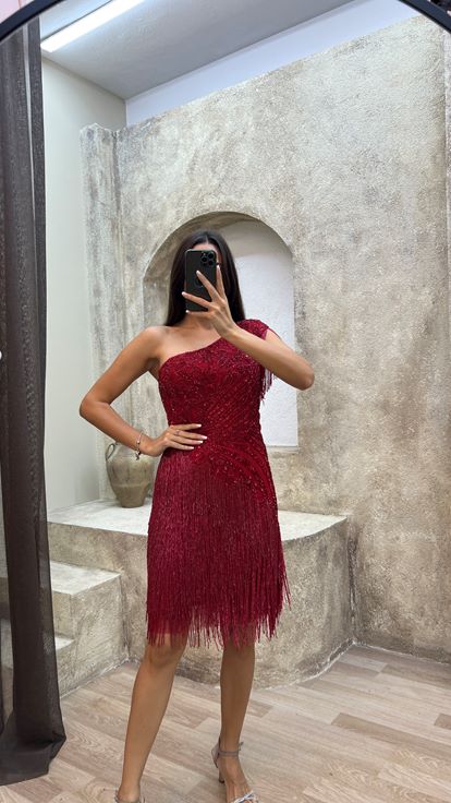 Red One Sleeve Special Embroidered Fringed Design Dress