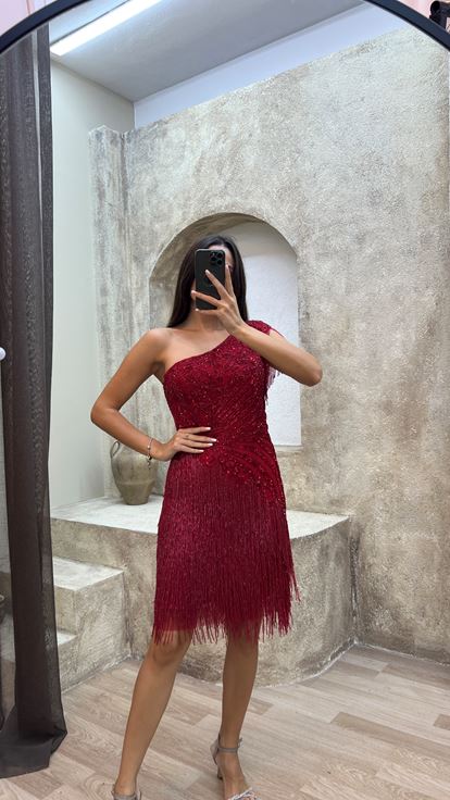 Red One Sleeve Special Embroidered Fringed Design Dress