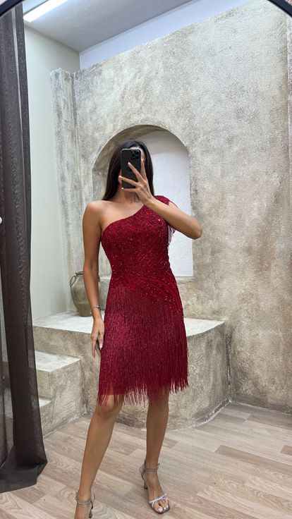 Red One Sleeve Special Embroidered Fringed Design Dress