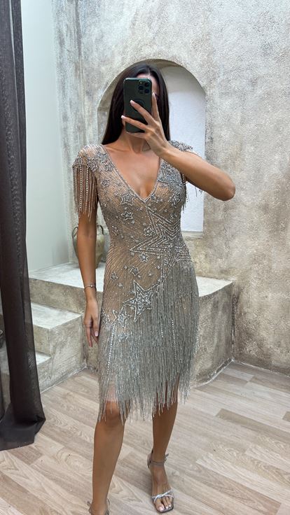 Beige back detail special embroidered fringed design dress