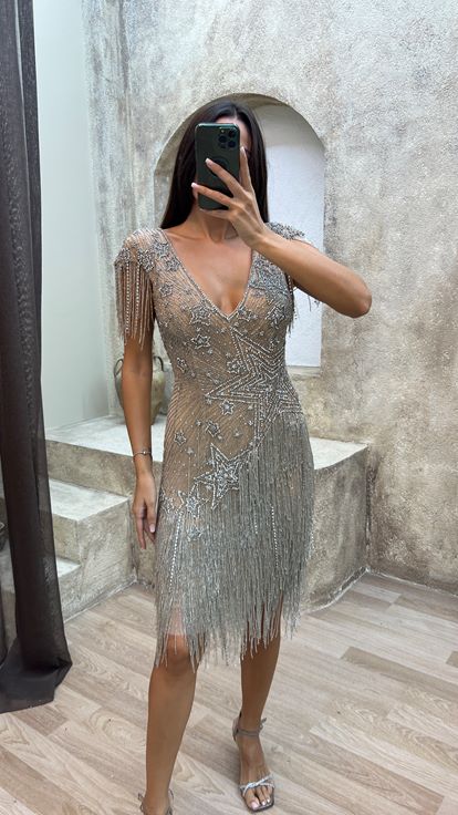 Beige back detail special embroidered fringed design dress