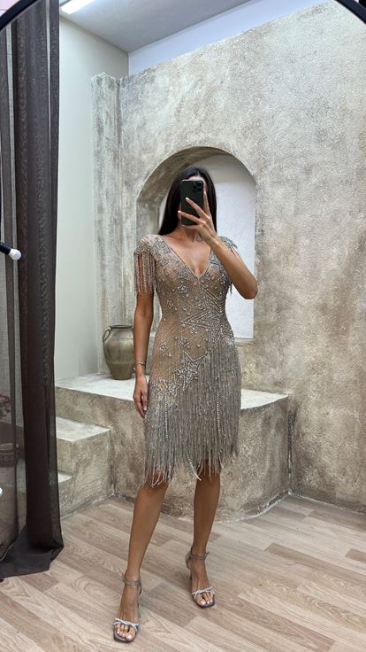 Beige back detail special embroidered fringed design dress