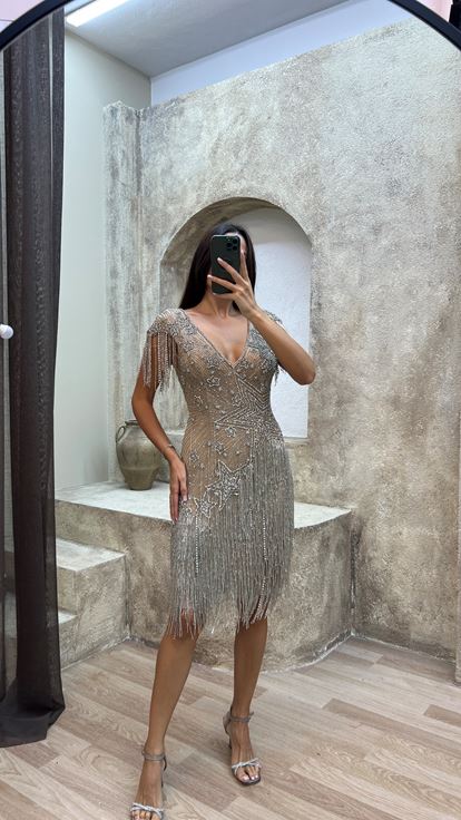Beige back detail special embroidered fringed design dress