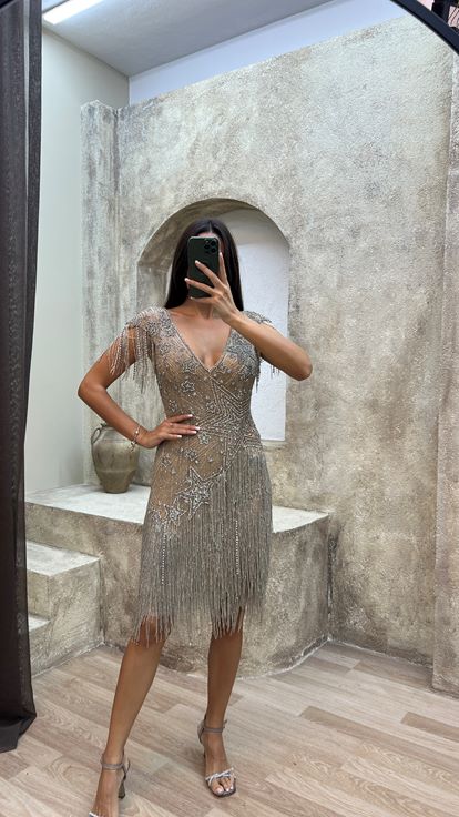 Beige back detail special embroidered fringed design dress