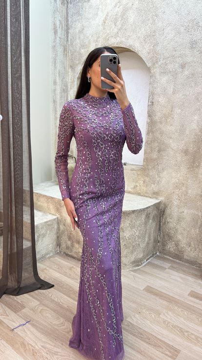 Lila bordado detalle diseño vestido de noche vestido