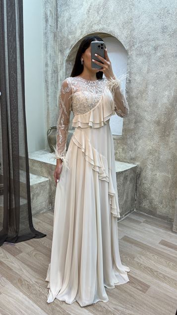 Beige Flywheel Detail Chest Embroidered Design Evening Dress Dress