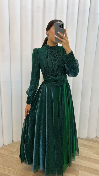 Emerald Chest Pleated Waist Bow Detail Design Evening Dress Dress