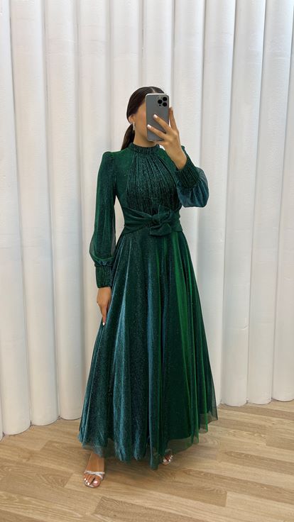 Emerald Chest Pleated Waist Bow Detail Design Evening Dress Dress