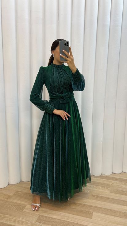 Emerald Chest Pleated Waist Bow Detail Design Evening Dress Dress
