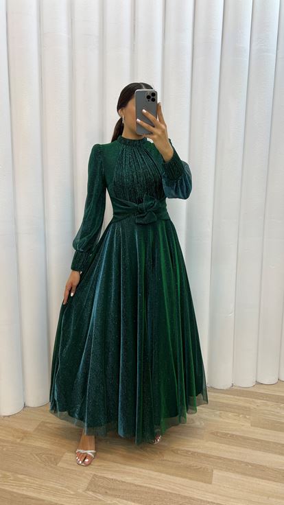 Emerald Chest Pleated Waist Bow Detail Design Evening Dress Dress
