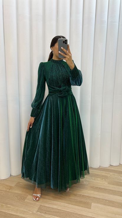 Emerald Chest Pleated Waist Bow Detail Design Evening Dress Dress